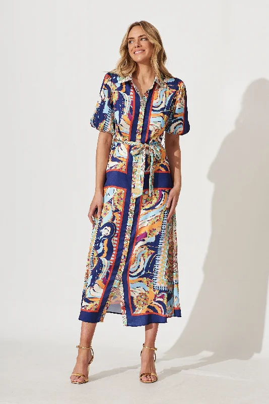 Polyester maxi dresses for easy - care and durabilityGabriela Maxi Shirt Dress In Navy Multi Print Satin