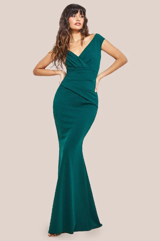 Denim maxi dresses with frayed hems for a casual lookGoddiva Bardot Pleated Maxi Dress - Emerald Green