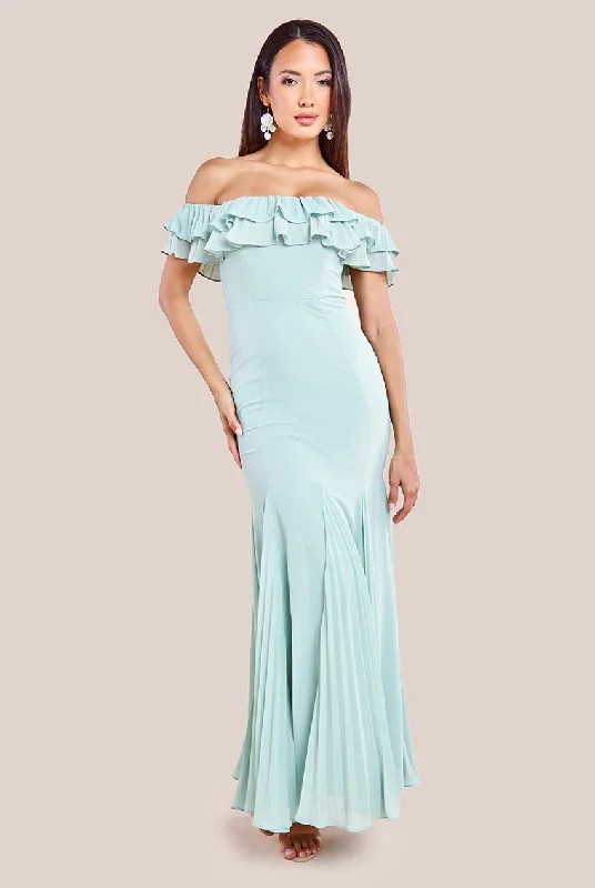 Maxi dresses with tassel accents for a fun and lively touchGoddiva Frilled Off The Shoulder Pleated Chiffon Maxi Dress - Sage Green