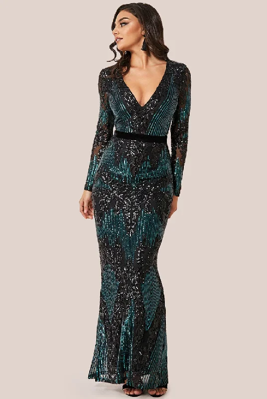 Maxi dresses with a pleated skirt for a timeless and elegant appearanceGoddiva Long Sleeve Sequin Evening Maxi Dress - Emerald