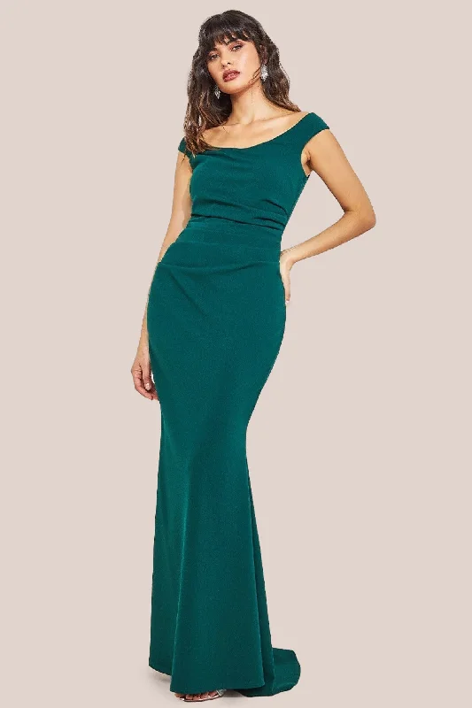 Satin maxi dresses with a high - low hem for a modern twistGoddiva Off The Shoulder Scuba Maxi Dress - Emerald Green