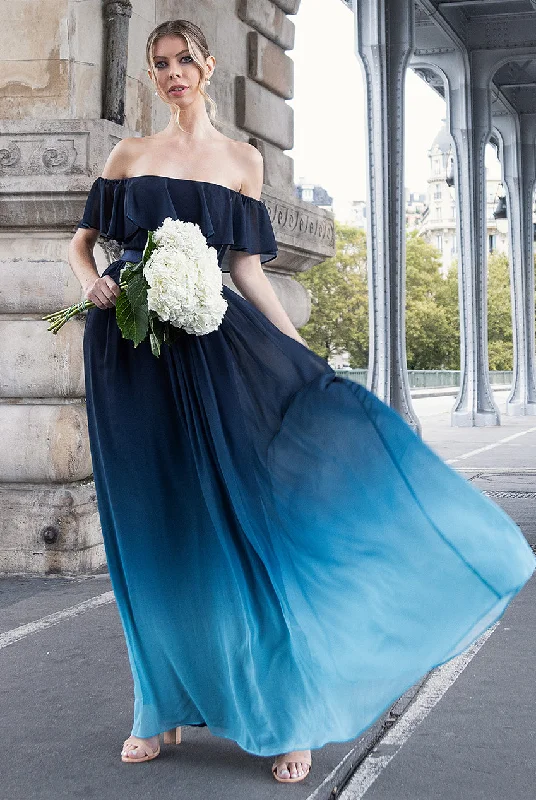 Maxi dresses with cut - out details on the sides for a modern edgeGoddiva Ombre Chiffon Bardot Frill A-line Maxi Dress - Navy Ombre