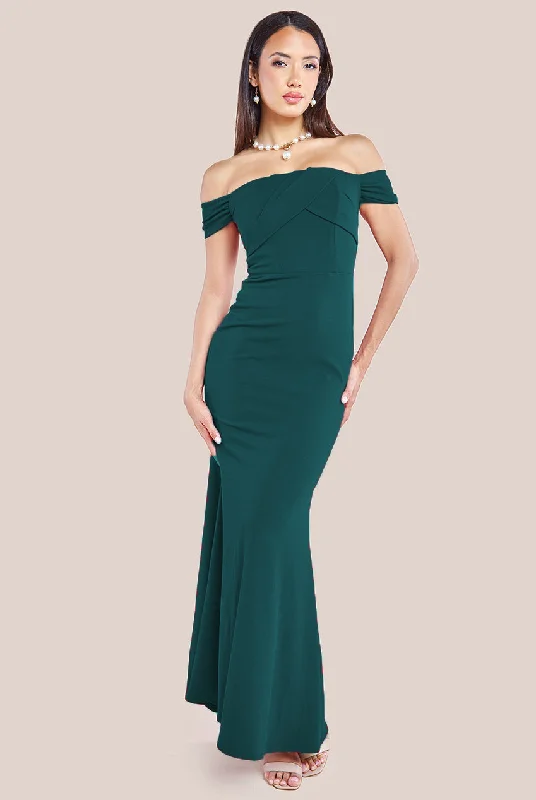 Denim maxi dresses with frayed hems for a casual lookGoddiva Pleated Bardot Scuba Maxi Dress - Emerald Green