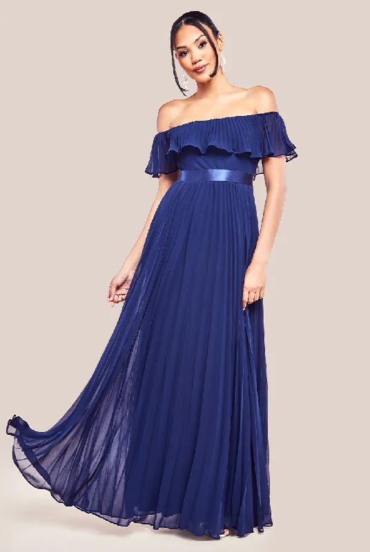 Maxi dresses with a wrap - around style for a customizable fitGoddiva Pleated Chiffon Off Shoulder Maxi Dress - Navy