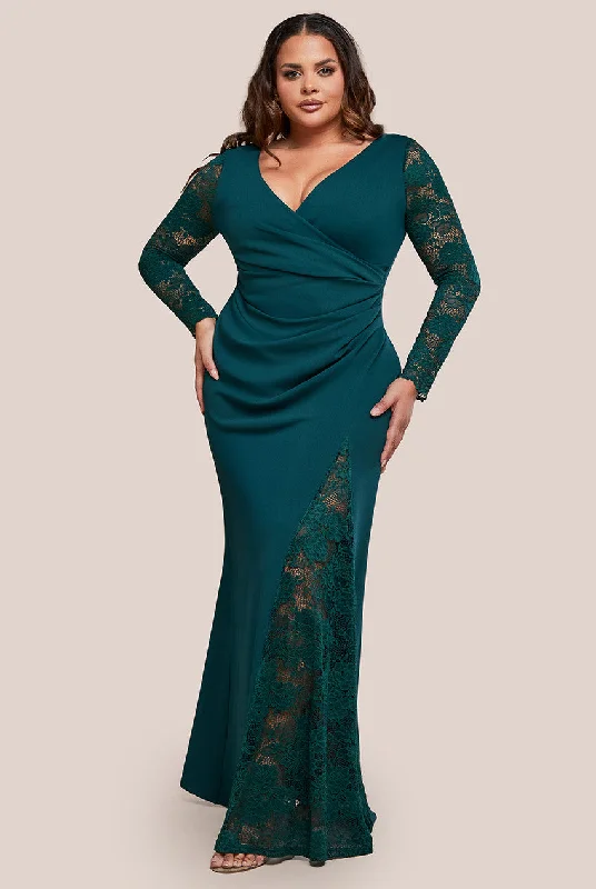 Maxi dresses with an empire waist for a flattering fit on all body typesGoddiva Plus Scuba & Lace Wrap Maxi Dress - Emerald