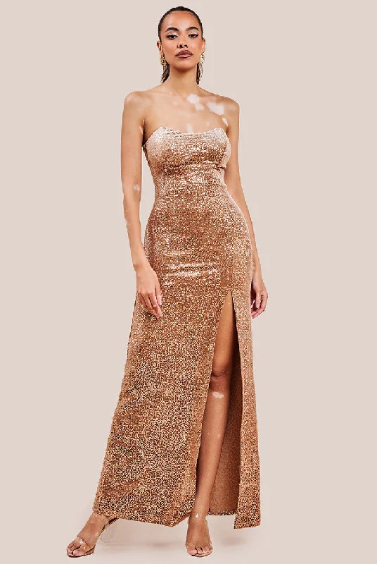 Linen maxi dresses for a breathable and lightweight summer optionGoddiva Sequin Velvet Bandeau Maxi Dress - Champagne