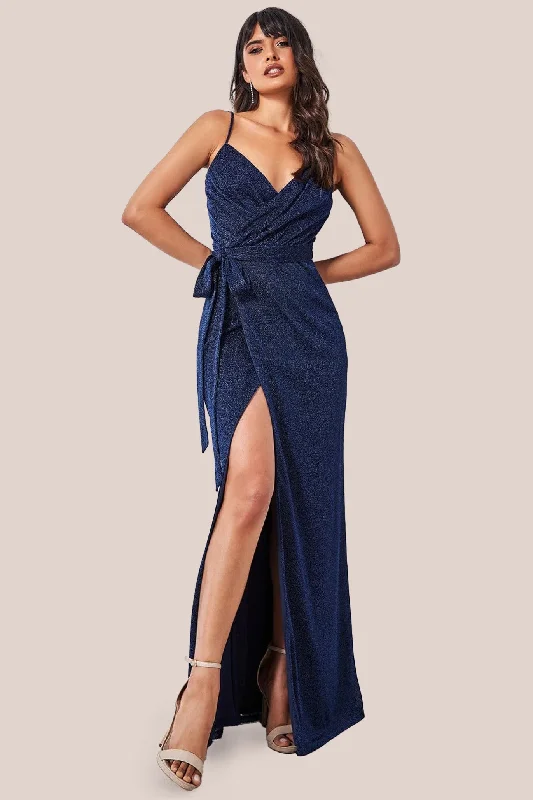 Maxi dresses with a ruffled neckline for a charming lookWrap Style Spaghetti Strap Maxi With Split - Navy by Goddiva