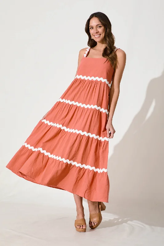 Maxi dresses with a cinched waist for a defined silhouetteHara Maxi Sundress In Rust With White Ric Rac Trim Cotton