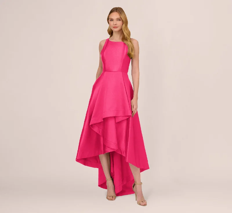 Maxi dresses with a ruched bodice for a more form - fitting and feminine shapeHigh Low Mikado Gown With Asymmetrical Detail In Electric Pink