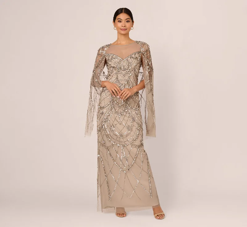 Maxi dresses with a ruffled neckline for a charming lookIllusion Beaded Cape Dress In Platinum