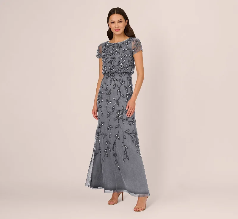 Plaid maxi dresses for fall fashion eventsJasmine Beaded Blouson Gown With Sheer Short Sleeves In Dusty Blue