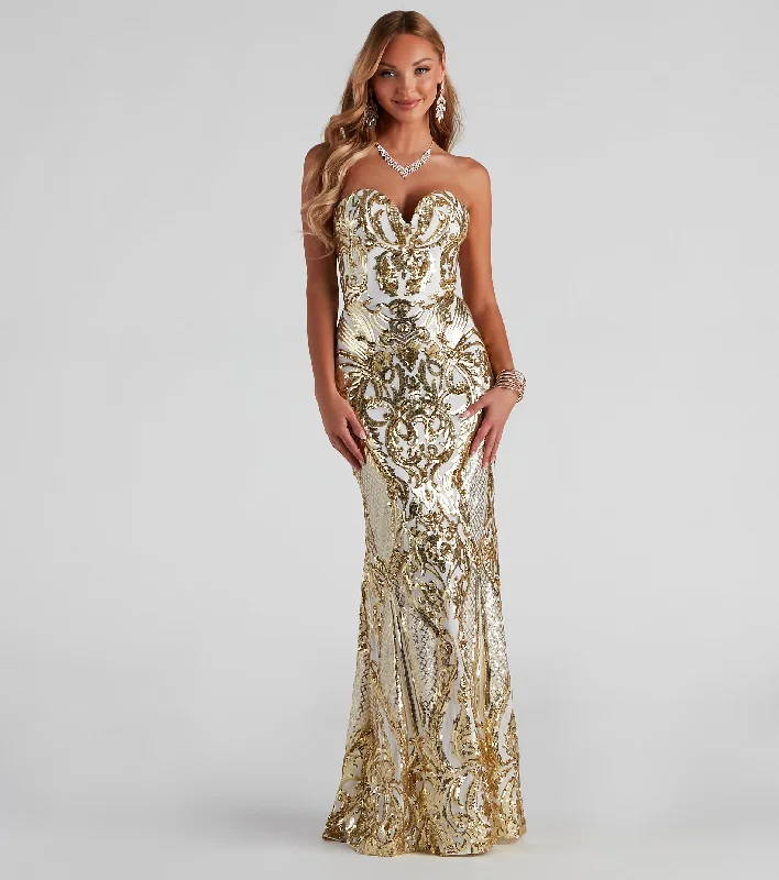 Maxi dresses with a ruched bodice for a more form - fitting and feminine shapeJaylene Formal Sequin Scroll Dress