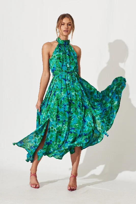 Maxi dresses with a gathered skirt for a voluminous and dramatic effectKiss Me Halter Neck Maxi Dress In Green Watercolour Print