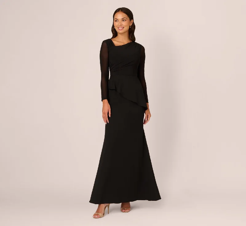 Maxi dresses with a criss - cross back for a flirty and unique detailKnit Crepe Combo Mesh Gown In Black