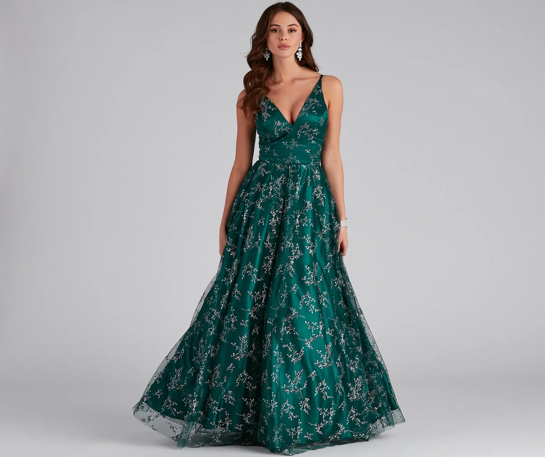 Satin maxi dresses with a high - low hem for a modern twistKristin Formal Embroidered Glitter Ball Gown