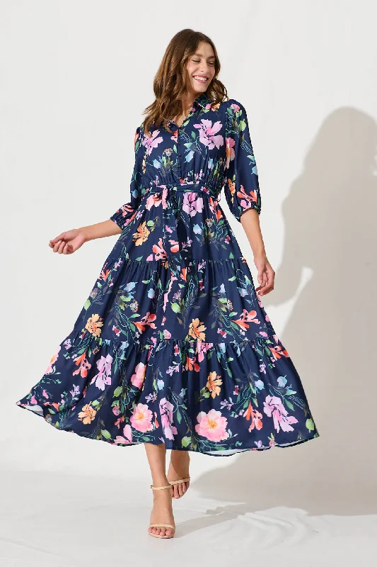 Floral print maxi dresses for summer garden partiesLove Song Maxi Dress In Navy With Multi Floral Print