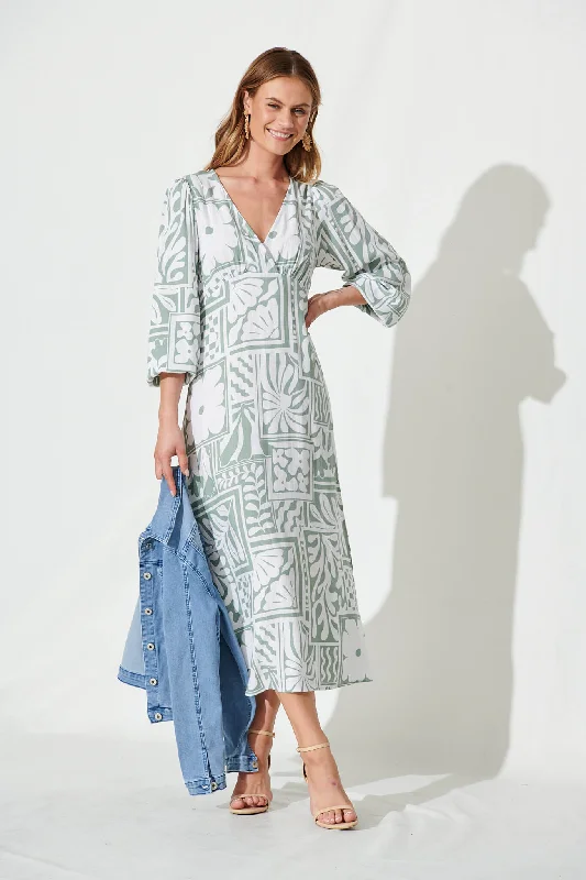 Maxi dresses with a wrap - around style for a customizable fitMeadow Maxi Dress In White With Sage Abstract Linen Blend