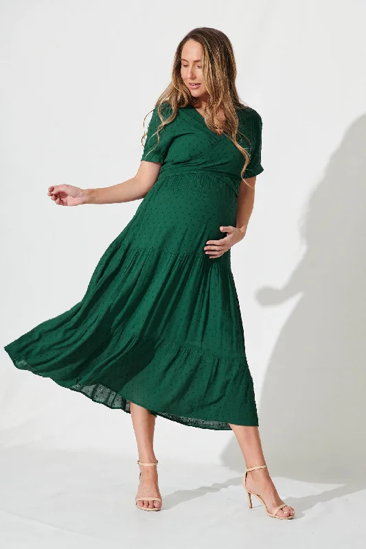 Maxi dresses with a gathered skirt for a voluminous and dramatic effectMorrison Maxi Dress In Emerald Swiss Dot