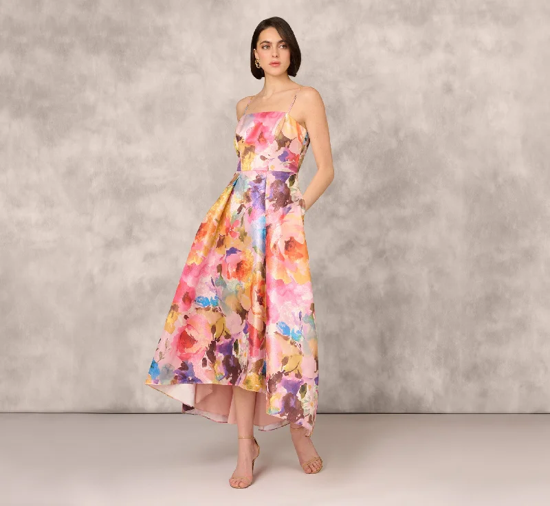 Maxi dresses with cold - shoulder cutouts for a trendy lookMulticolor Metallic Floral Print Jacquard High Low Gown With Pockets In Pink Multi