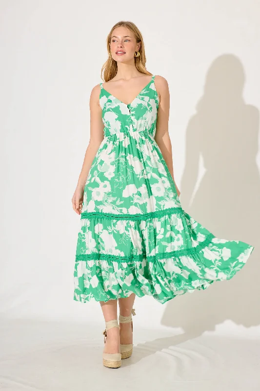 Maxi dresses with balloon sleeves for a vintage - inspired styleNova Maxi Dress In Green With White Floral