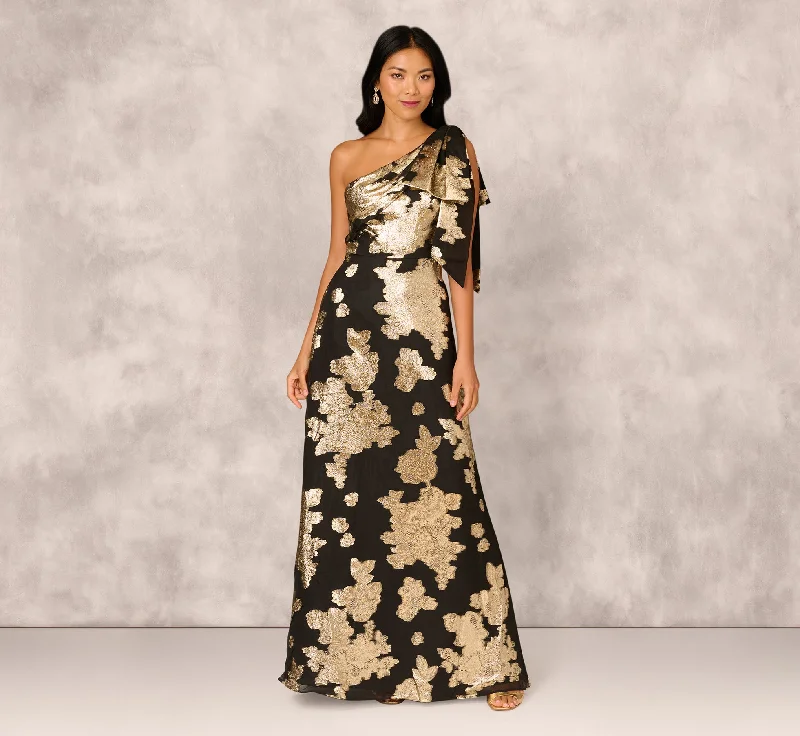 Polyester maxi dresses for easy - care and durabilityOne Shoulder Jacquard Gown In Black Gold