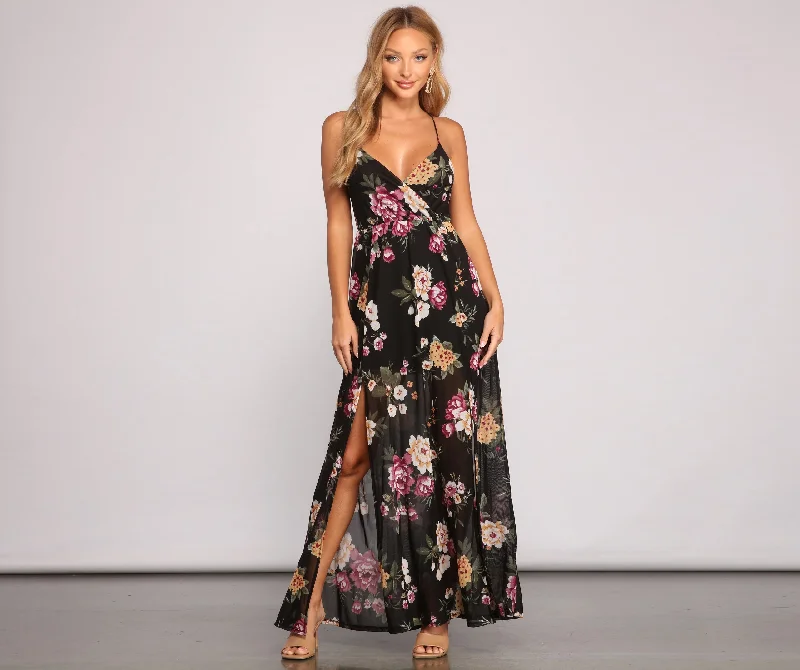 Maxi dresses with cut - out details on the sides for a modern edgePop Of Floral Mesh Maxi Dress