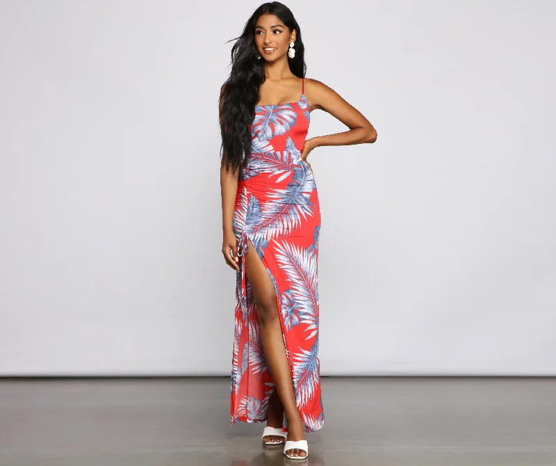 Maxi dresses with a button - down front for a classic lookPretty Palm Ruched Maxi Dress