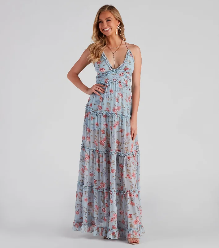 Maxi dresses with a ruffled neckline for a charming lookQuinn Formal Floral Ruffled A-Line Dress