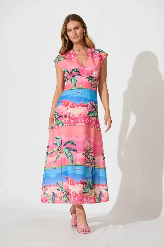 Maxi dresses with a paisley print for a classic and elegant styleRockland Maxi Dress Pink And Blue Tropical Print Linen Blend