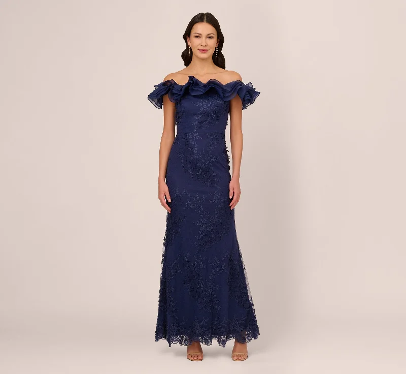 Maxi dresses with geometric prints for a contemporary aestheticRuffle Off The Shoulder Floral Lace Gown In Light Navy