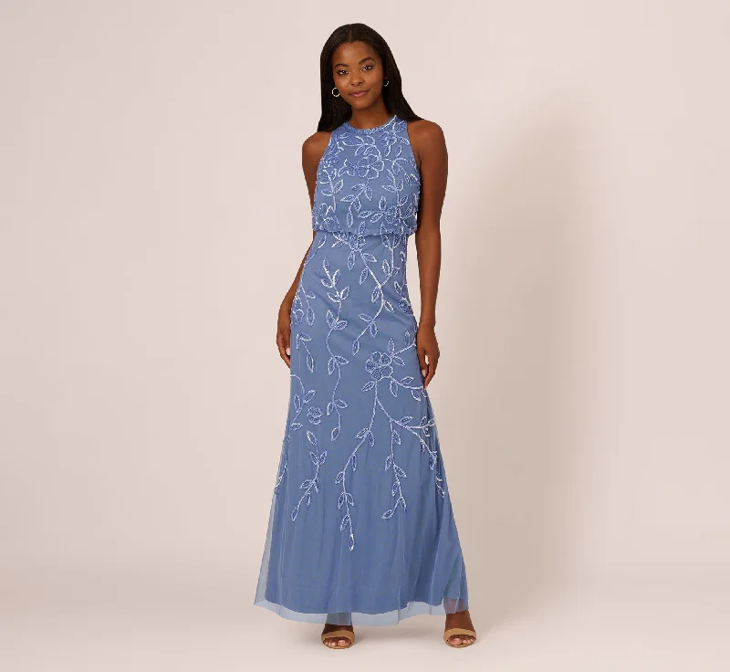 Maxi dresses with a belted empire waist for a more defined and flattering silhouetteSleeveless Blouson Mermaid Gown With Jasmine Beading In French Blue