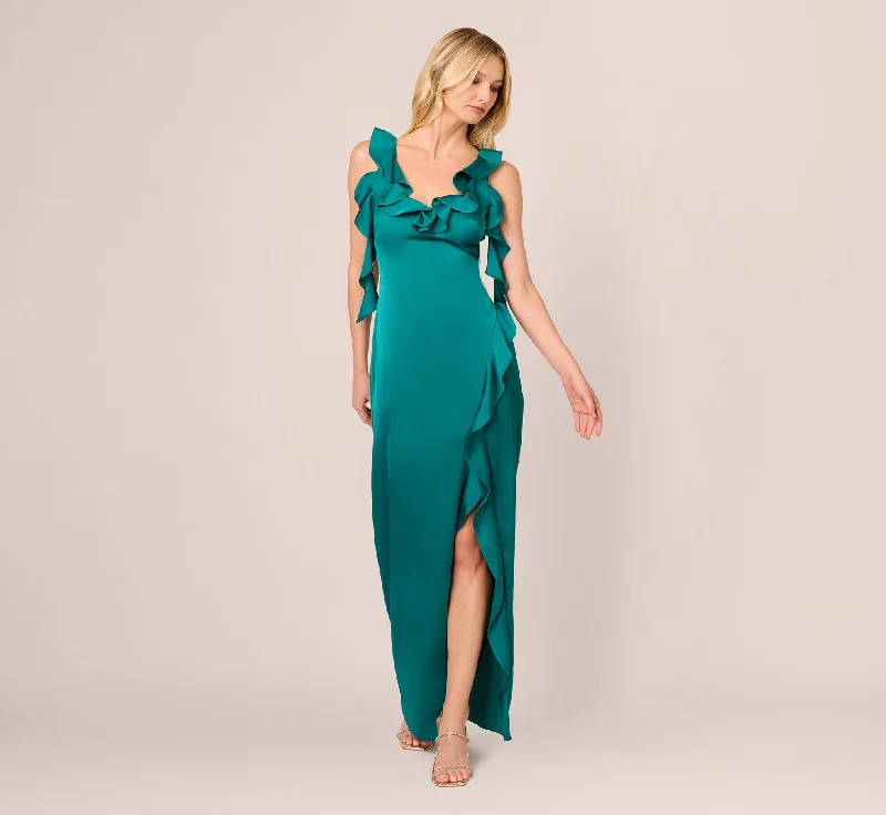 Maxi dresses with a paisley print for a classic and elegant styleStretch Satin Ruffle Long Dress In Deep Emerald