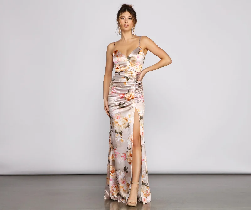 Maxi dresses with off - the - shoulder styles for a romantic and breezy lookTaylor Satin Floral High-Slit Dress