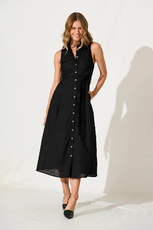 Maxi dresses with a ruffled neckline for a charming lookThalia Maxi Shirt Dress In Black Cotton Blend