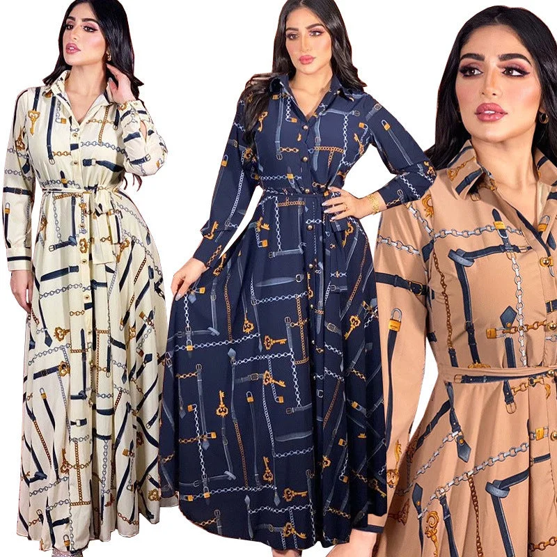 Maxi dresses with tassel accents for a fun and lively touchWholesale Chain Print Long Sleeve Muslim Gown Maxi Dress with Belt Dubai Abaya Islamic Clothing Women Muslim Evening Party Dress