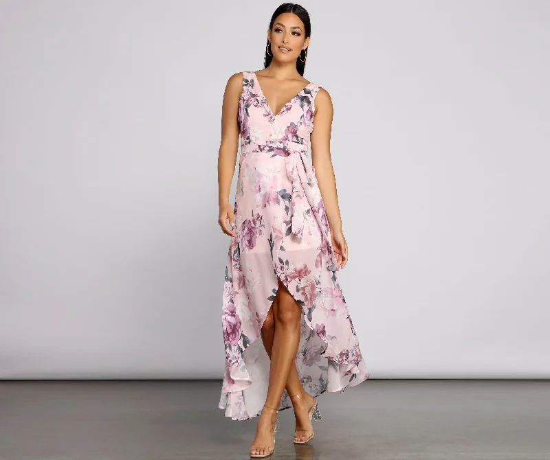 Maxi dresses with an asymmetric hem for a fashion - forward and eye - catching designWrapped In Romance Floral Chiffon Maxi Dress