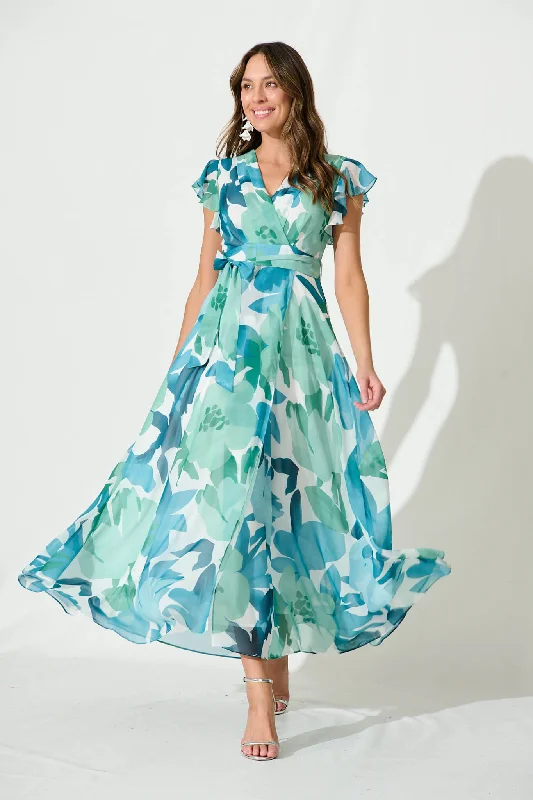 Maxi dresses with one - shoulder designs for a stylish and asymmetric lookWynter Maxi Dress In Green And Blue Floral Chiffon