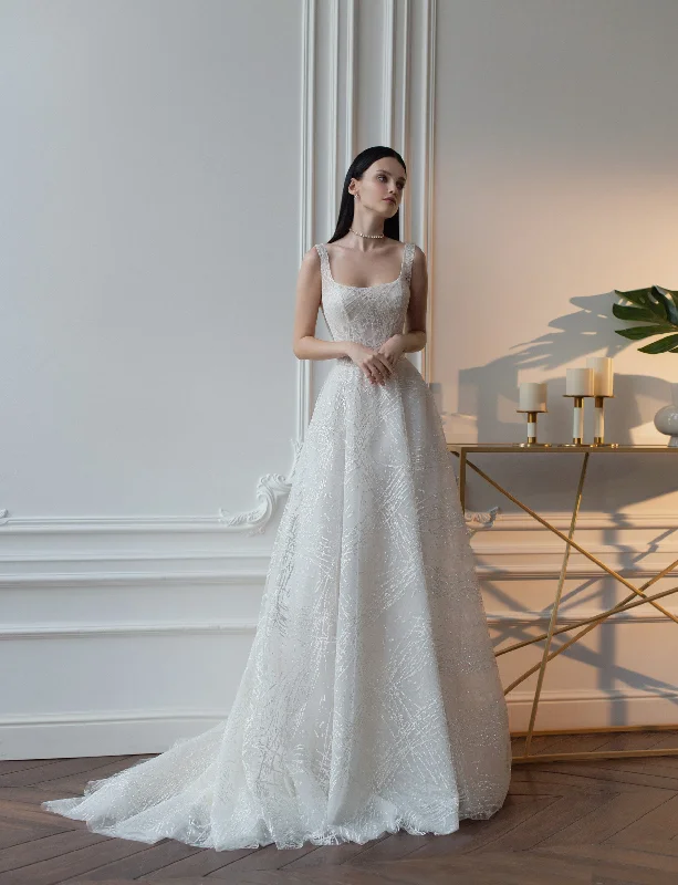 Wedding guest dresses with puff sleeves and knee - length hemsA-Line Sleeveless Glitter Wedding Gown