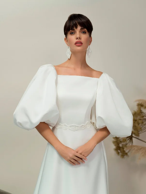 Ruffled - sleeve wedding guest dresses in light blue for a spring weddingElegant Minimalist A-Line Wedding Gown with Puffy Sleeves