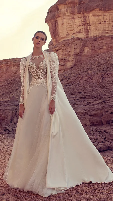 Wedding guest dresses with abstract prints and long trainsLong Lace Sleeves A-Line Wedding Dress with Long Cape