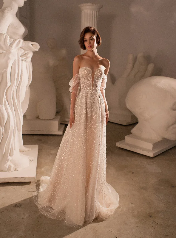 Wedding guest dresses with cold - shoulder designs and solid colorsOff-Shoulder A-Line Glitter Wedding Dress