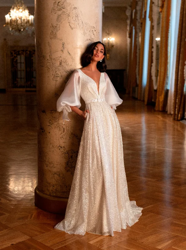 Off - the - shoulder wedding guest dresses in chiffonPuffy Sleeve V-Neckline Glitter Wedding Gown