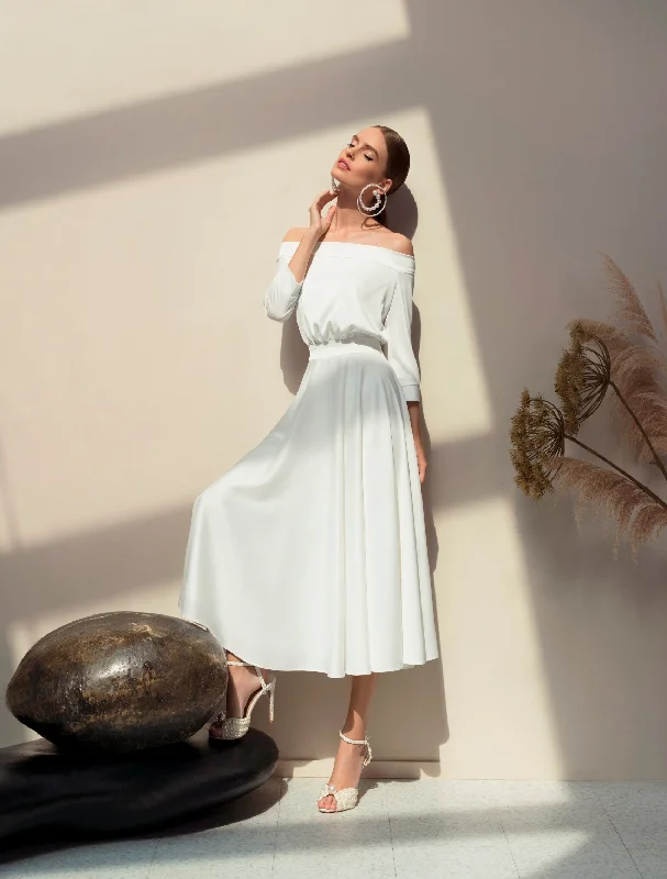 Mini wedding guest dresses with glittery accents for a trendy lookSilk Off-Shoulder White Midi Bridal Dress