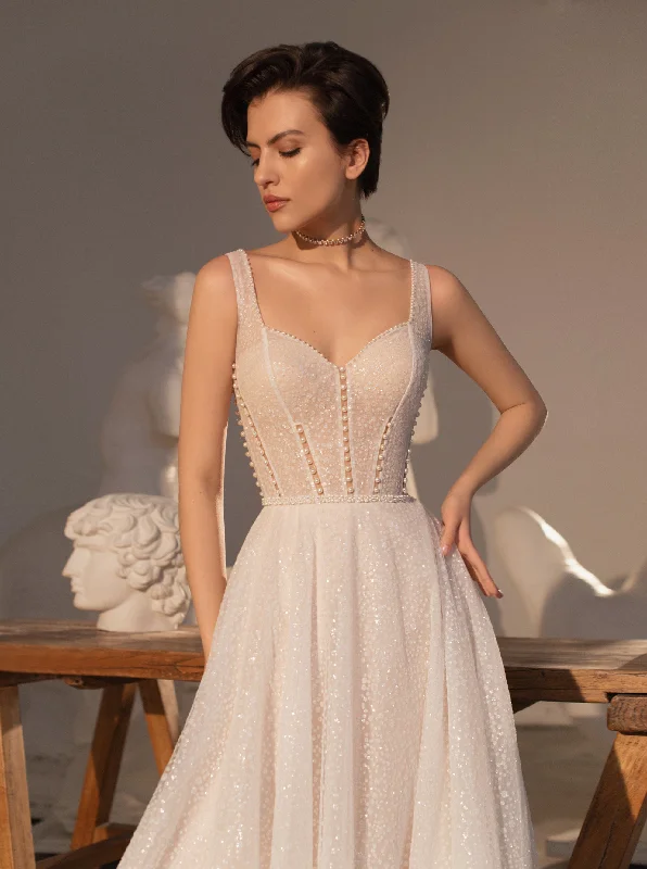 Wedding guest dresses with tassel - adorned belts and A - line skirtsSleeveless A-Line Glitter Wedding Dress