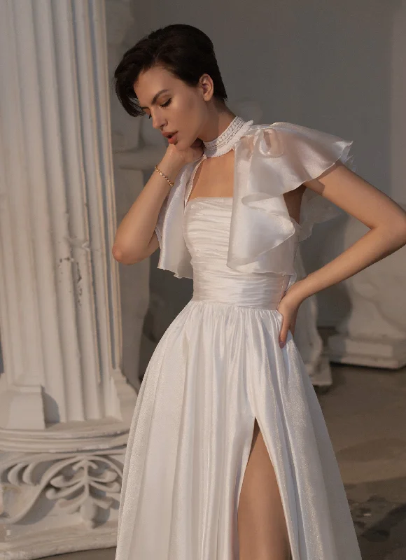 Satin wedding guest dresses with side slits for a sexy touchStylish Strapless Wedding Dress With Bolero