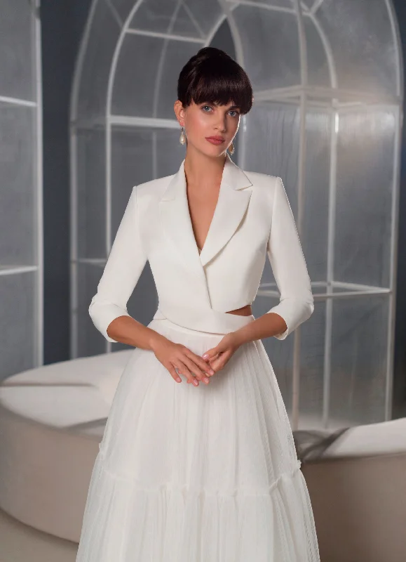 Wedding guest dresses with gathered skirts and V - necklinesTwo-Pieces Midi Skirt Bridal Set with Jacket