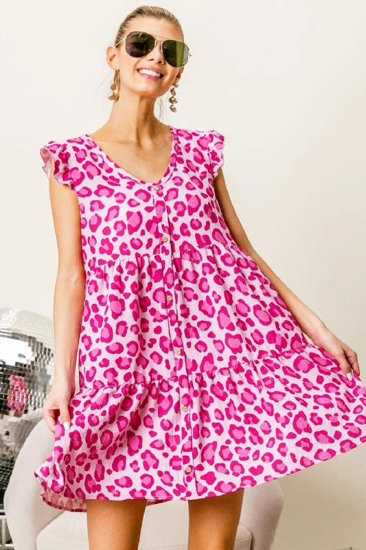 Sleeveless Women Dress in Bright Colors for Summer PartiesBiBi Leopard Cap Sleeve Tiered Mini Dress