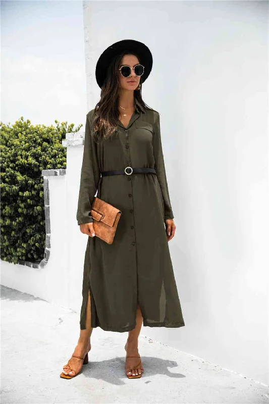 Long - Sleeve Women Dress in Velvet for a Luxurious Winter LookButton Down Side Slit Shirt Dress