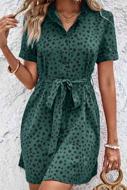 Off - the - Shoulder Women Dress for a Romantic and Feminine LookDotted Short Sleeve Tie Belt Dress