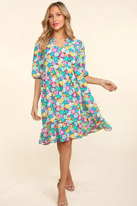 Wrap - Style Women Dress with Adjustable Fit for All Body TypesHaptics Bubble Sleeve Floral Ruffled Dress